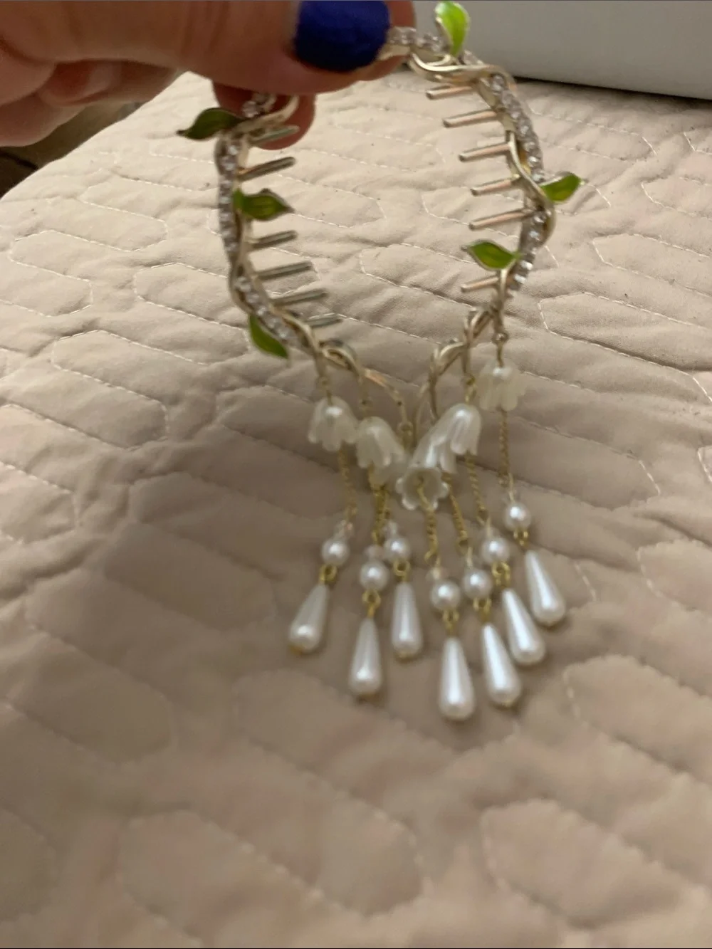 Gold Tone Floral Vine Hair Comb with Pearl Drops - White & Green